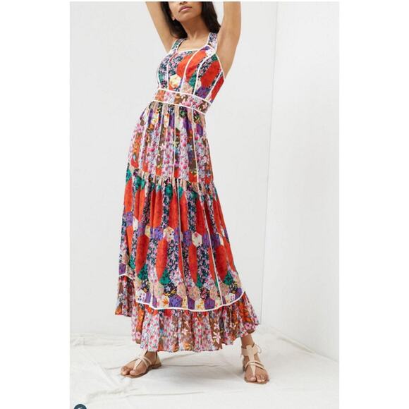 Anthropologie Dress 2P Bhanuni by Jyoti Square Neck Maxi Floral Patchwork Boho - Picture 1 of 16